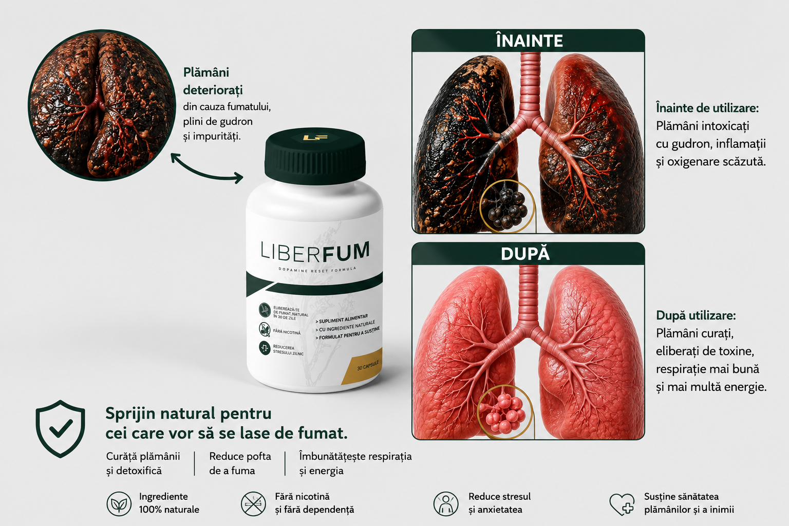 Infografic plămâni — înainte și după LiberFum™